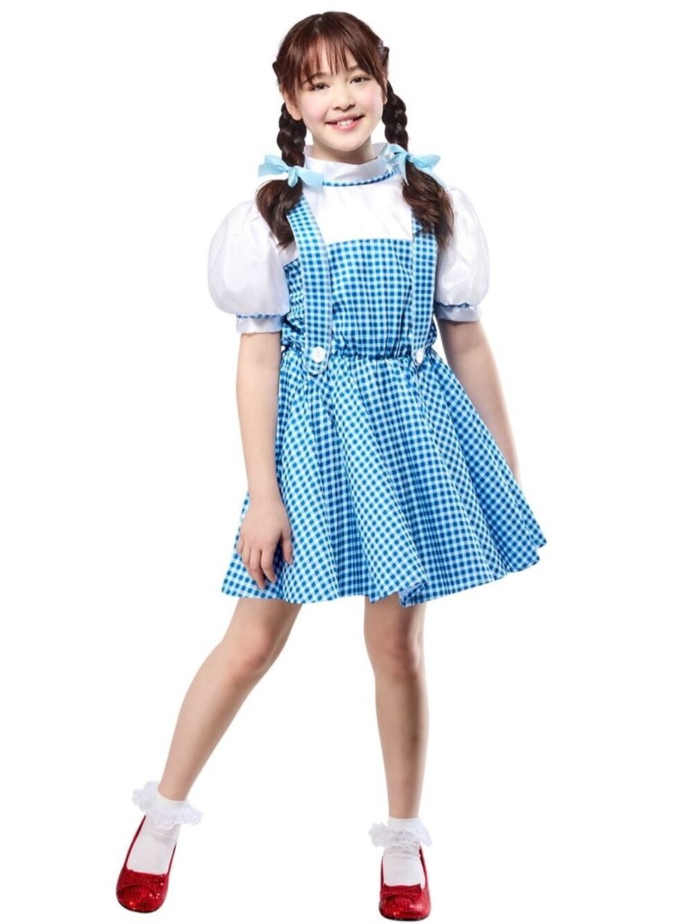 Wizard of Oz Dorothy Costume Dress Blue White Gingham Hair Bows Girls Medium 7-8 - Picture 9 of 16